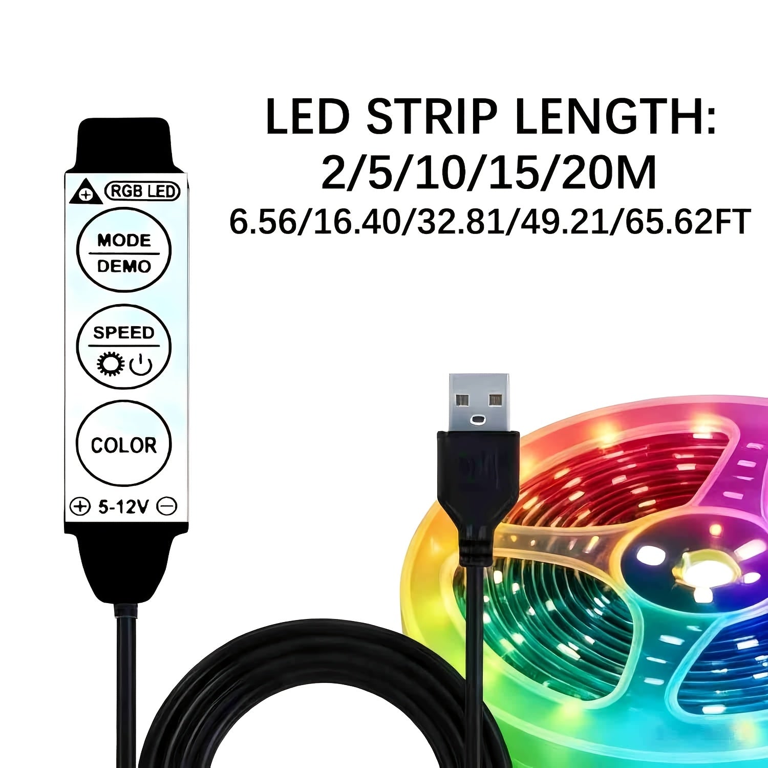 3535 RGB LED 灯带 2/5/10/15/20 米 3 键控制器 5V USB 供电 柔性灯条 客厅卧室电视背景墙 圣诞派对氛围灯 宿舍电竞房装饰灯串 可裁剪自粘 氛围照明