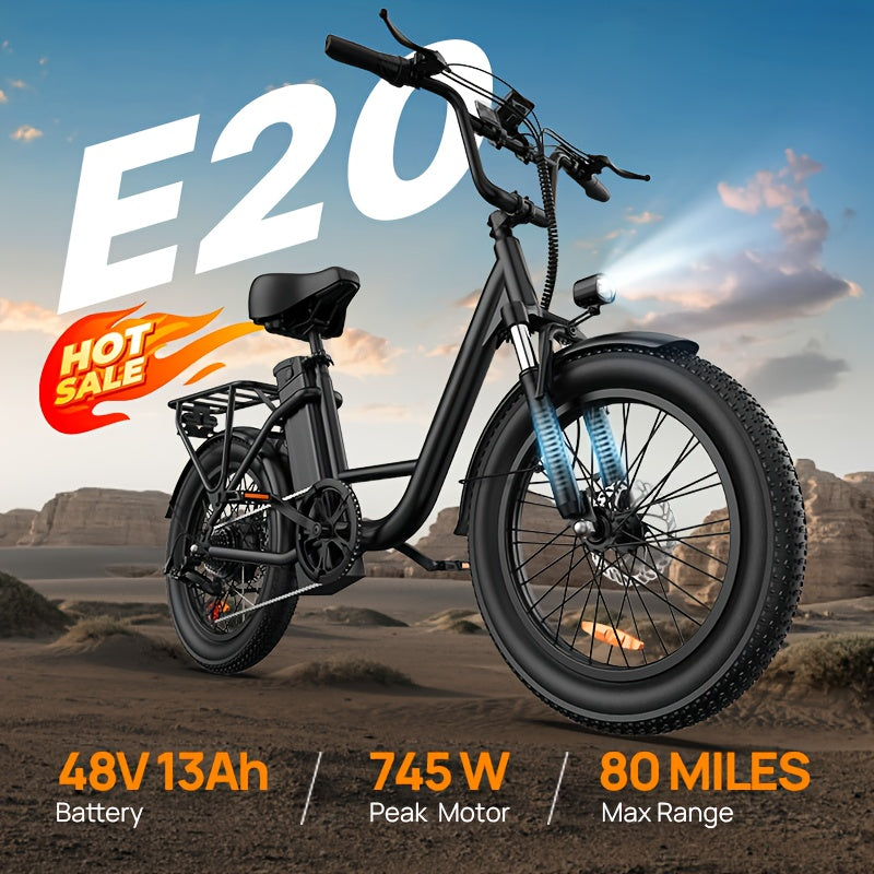 20x3英寸轮胎电动探险自行车 - 745W电机，48V 13Ah可拆卸电池，20英里/小时，7速变速，双碟刹 - 探索山路与征服城市通勤