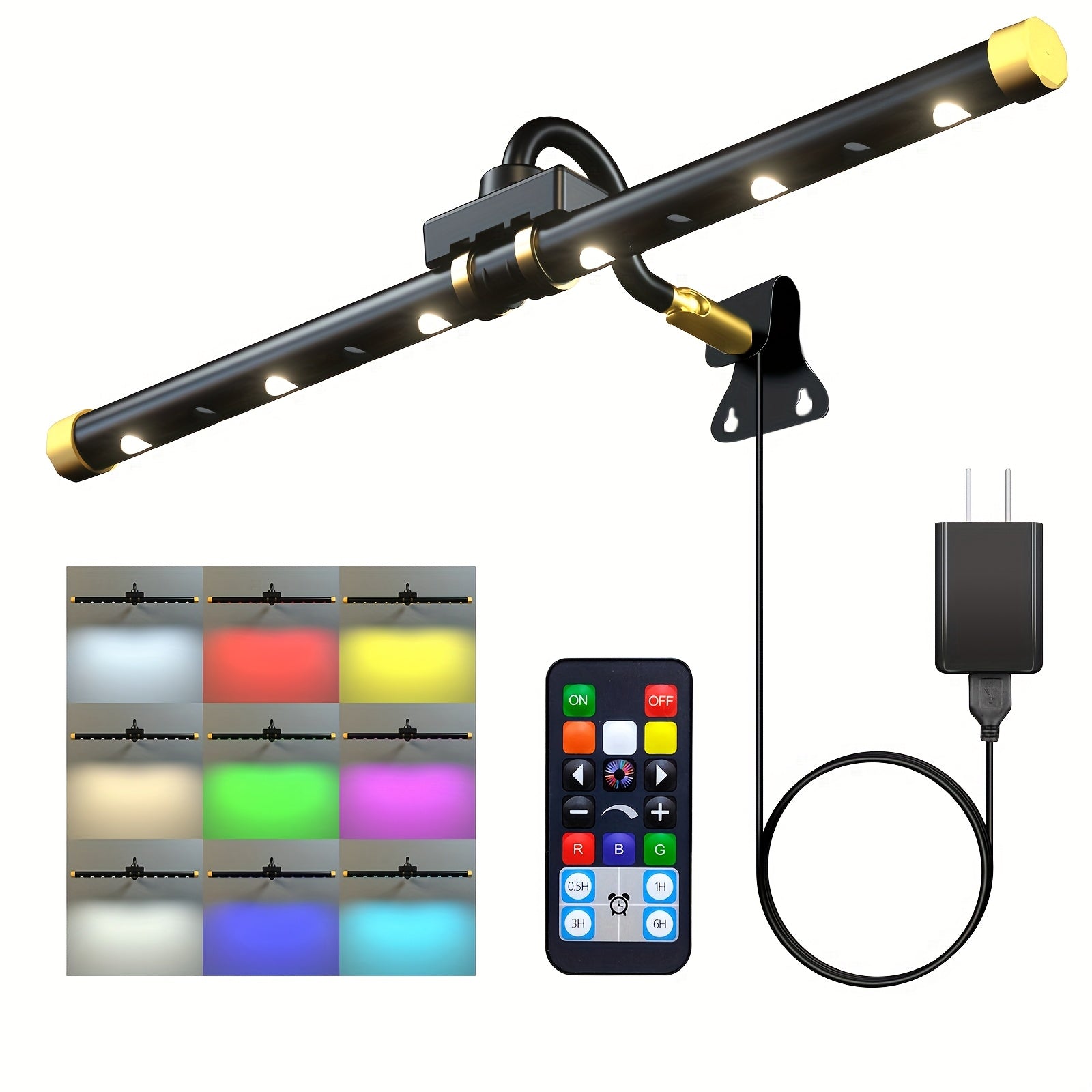 1-Piece Picture Light, USB Powered, Wall Picture Light with Remote Control, LED Light and RGB Dimmable, Timer, 360° Rotating Magnetic Head, Suitable for Paintings, Galleries, Libraries, Dart Rooms, Bedrooms (Black/Gold)