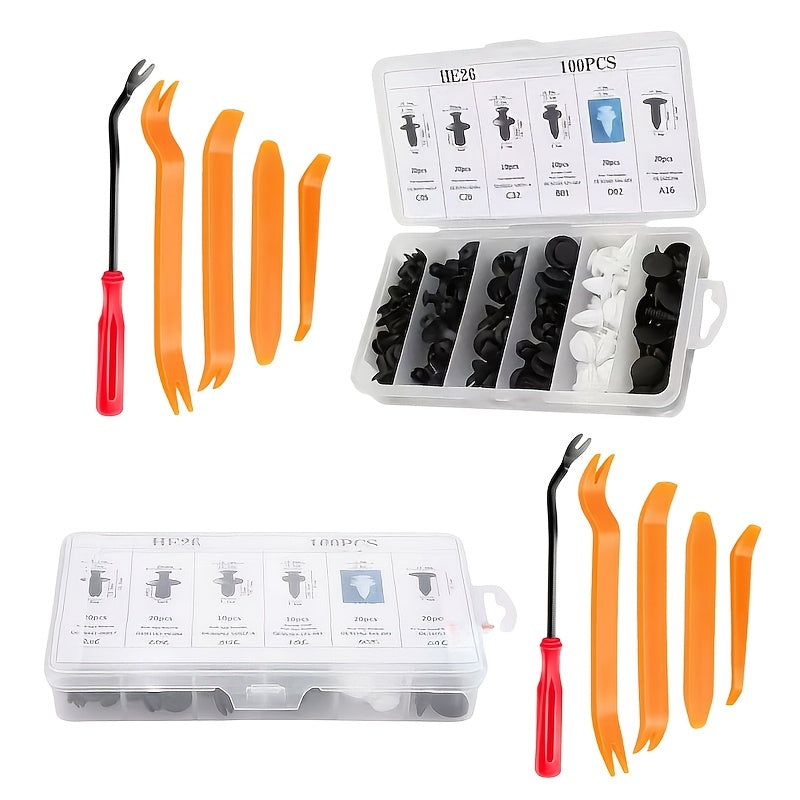 1-Set / 2-Set 105-Piece Automotive Fastener Tool Kit, Bumper Clip Assortment, PP Material, Auto Accessories with Removal Tool, Includes Universal Nylon Plastic Rivets and Clips for Door Panel & Interior Repair