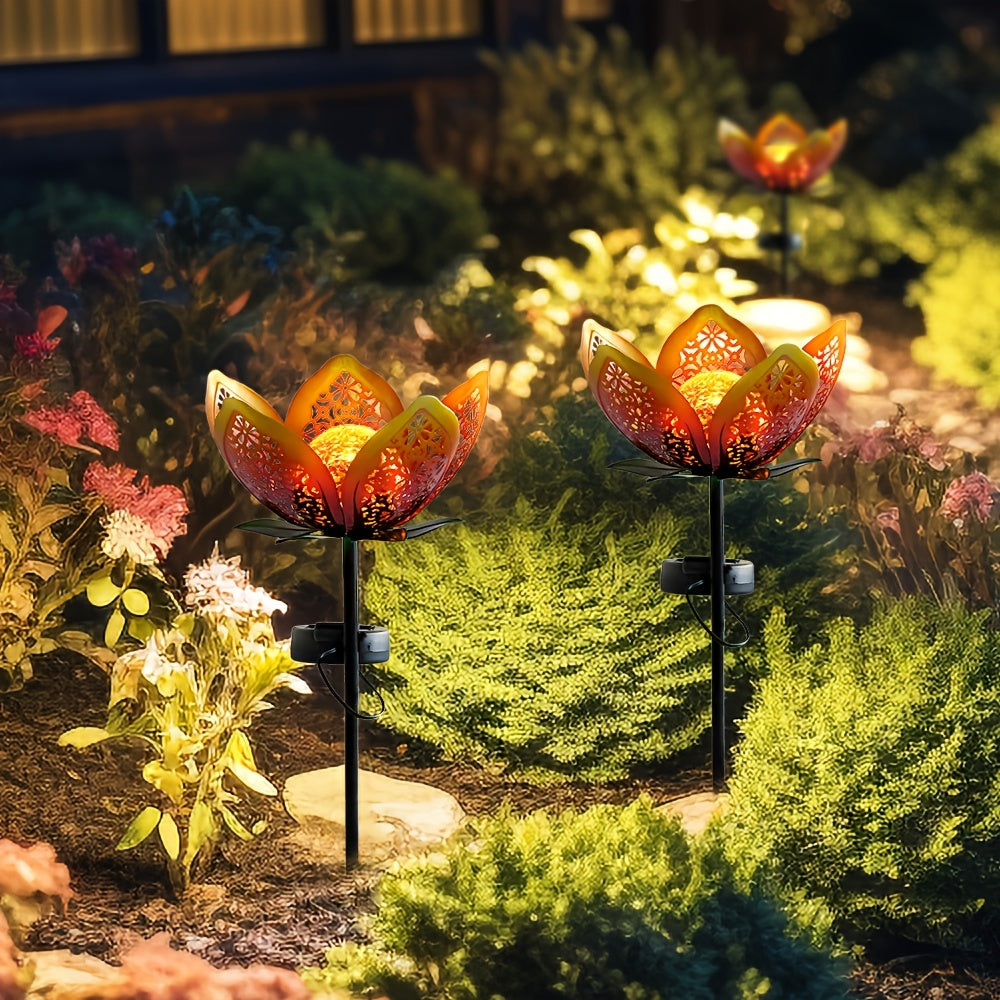 3pcs Solar Hollow Sunflower Lawn Light, Cracked Glass and Metal Floral Design, Suitable for Courtyard, Patio and Walkway Decoration, Outdoor Decoration | Lotus Design | Metal Structure, Solar Courtyard Light, Christmas Gift, Garden Decoration