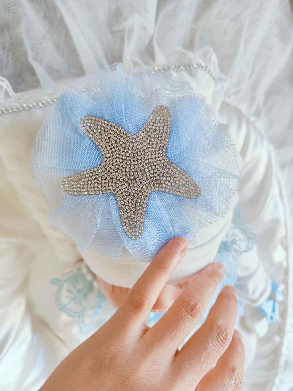独家设计时尚动物海星带蕾丝婴儿爬服手套帽子带毯子4件套套装新生儿喜庆家居外出服套装4件套