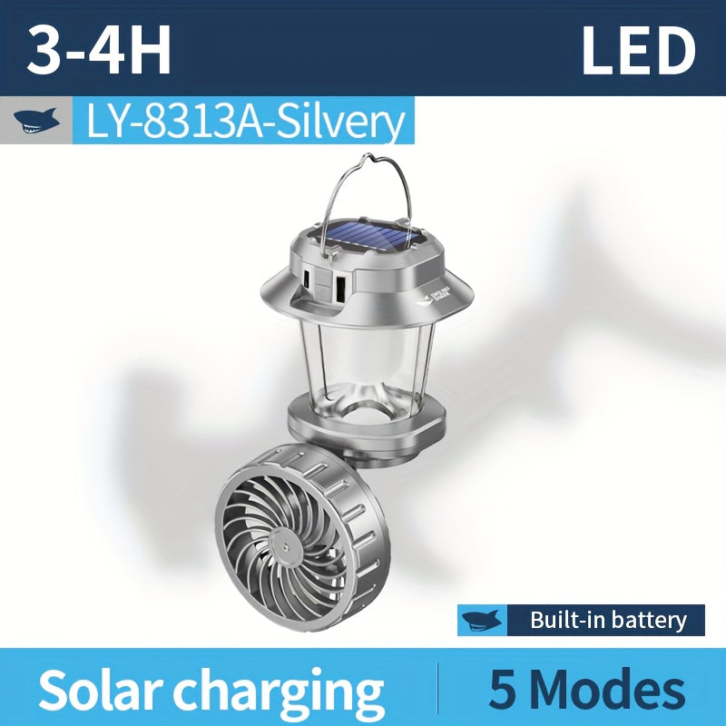 1 Smiling Shark Rechargeable Fan Light - Type-C Solar Charging, 5 Modes LED Flashlight & Cooling Fan, Built-in Lithium Battery, Portable Camping Lantern, Ideal for Tent, Outdoor, Hiking, Emergency (Power Supply)