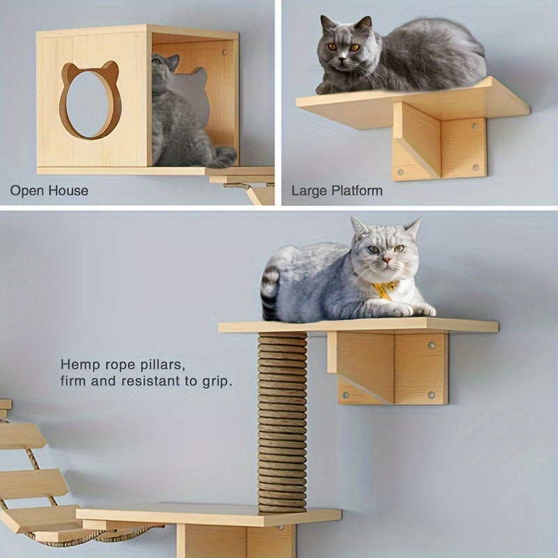 猫咪墙壁家具，室内实木猫墙壁置物架，壁挂式玩耍攀爬树，带猫公寓屋，猫墙壁置物架，猫抓柱，猫桥梯子