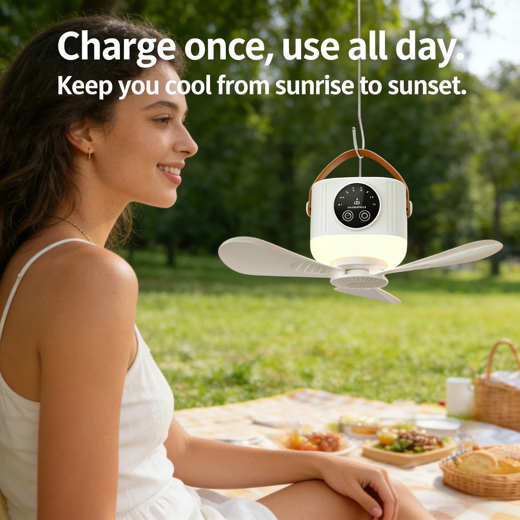 Portable Rechargeable Remote Control Small Hanging Fan with Light, Remote Operated, 4-Speed Adjustable, Quiet & Timer, 3-Level Night Light, Detachable Blades, Long-Lasting Battery, Safe for Outdoor Tents
