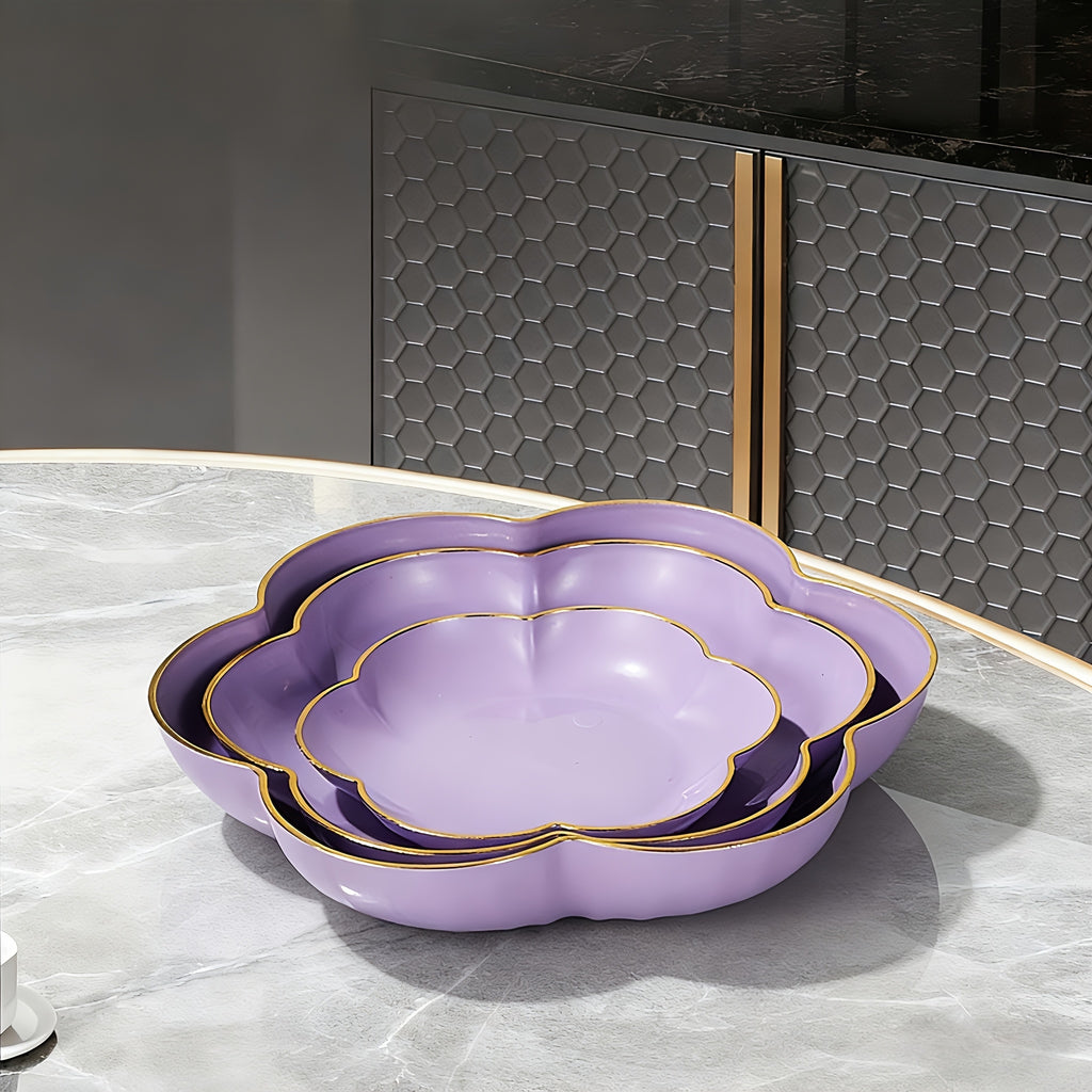 3-Piece Gold Rim Floral Fruit Bowl & Cake Stand Tray Set, New Year Candy Tray – Perfect for Afternoon Tea or Party Food, Outdoor, Hotel – Ideal for Living Room Decor, Family Dinner Table Fruit Bowl, Dessert Plate