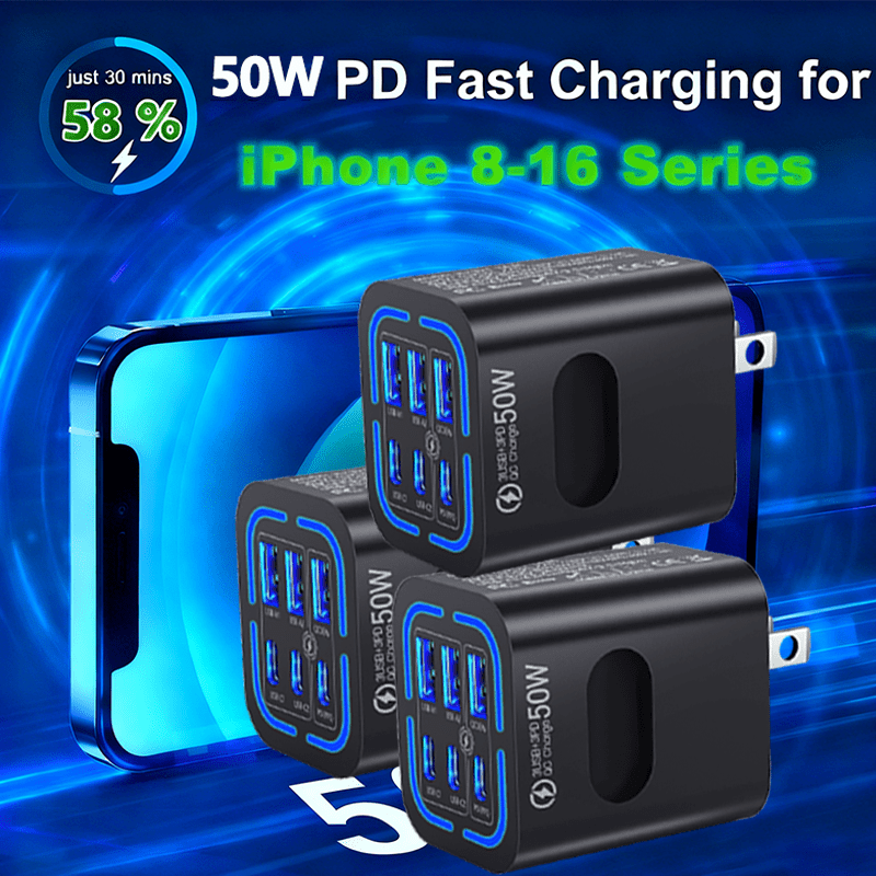 50W US Standard Plug, 3 USB-C + 3 Type C Port Compact Power Adapter | Fast Charging, for iPhone 17 16 15 14 13 12 11 Pro Max Plus, for Samsung, Airpods, iPad, MacBook - UK Charger, US Specification Plug
