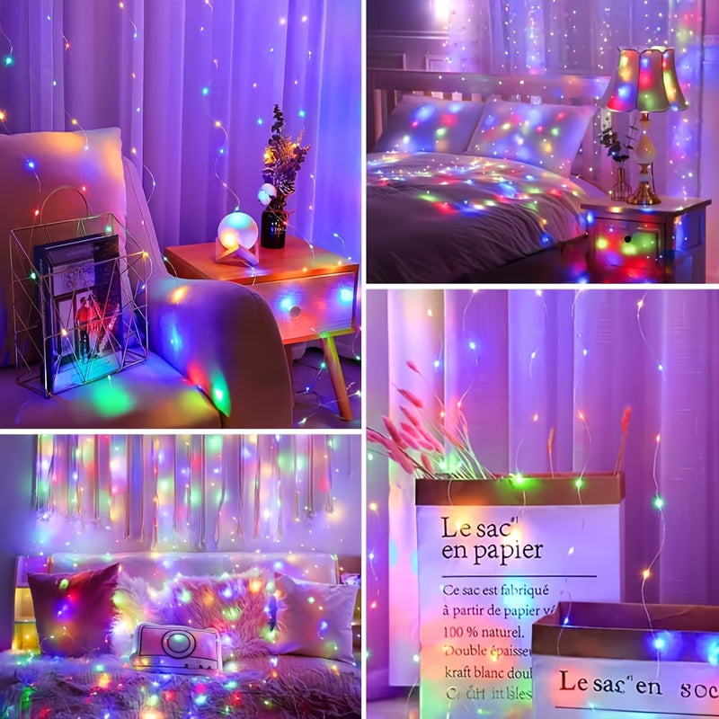 4pa300个LED可调光彩色仙女灯，庭院卧室闪烁仙女灯8种照明模式-彩色室内外派对、节日窗帘串灯，-用于窗户，卧室，庭院装饰