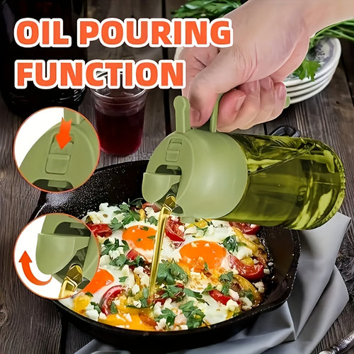 1PC Dual Use Oil Sprayer & Dispenser, Non-stick Auto Flip Condiment Squeeze Bottle, Green Plastic Olive Oil Storage Bottle for Kitchen BBQ Salad