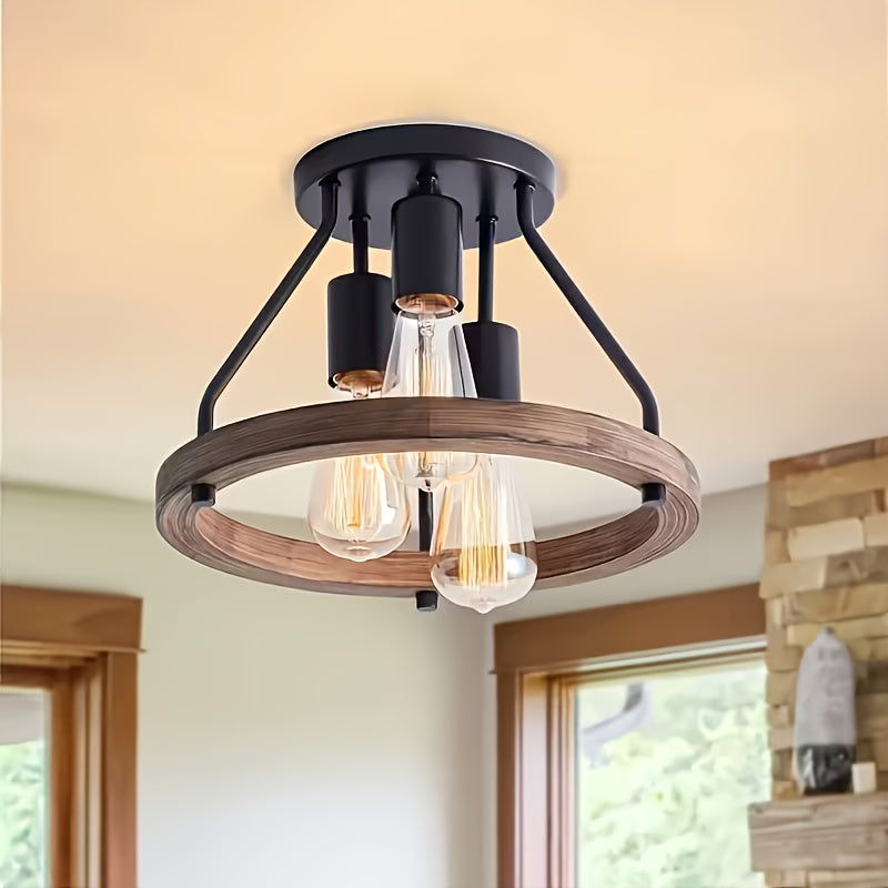 3-Light Metal Shade Wood Semi-Flush Mount Ceiling Light | Warm Glow Atmosphere Lighting, Suitable for Hallway, Bedroom and Kitchen, Modern Farmhouse Style Light Fixture, Living Room Chandelier, Rustic Decor, Oil-Rubbed Finish