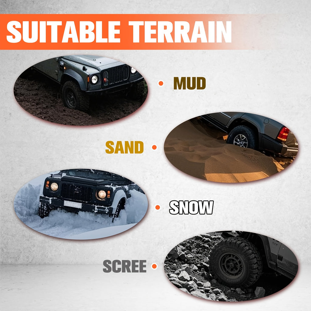 Off-Road Recovery Traction Boards – 4WD Rescue Mats for Mud, Sand, Snow & Rocky Terrain. Pair of 4x4 Recovery Tracks with 2 Straps, for RVs, Trucks, Jeeps, SUVs – Available in Orange & Red