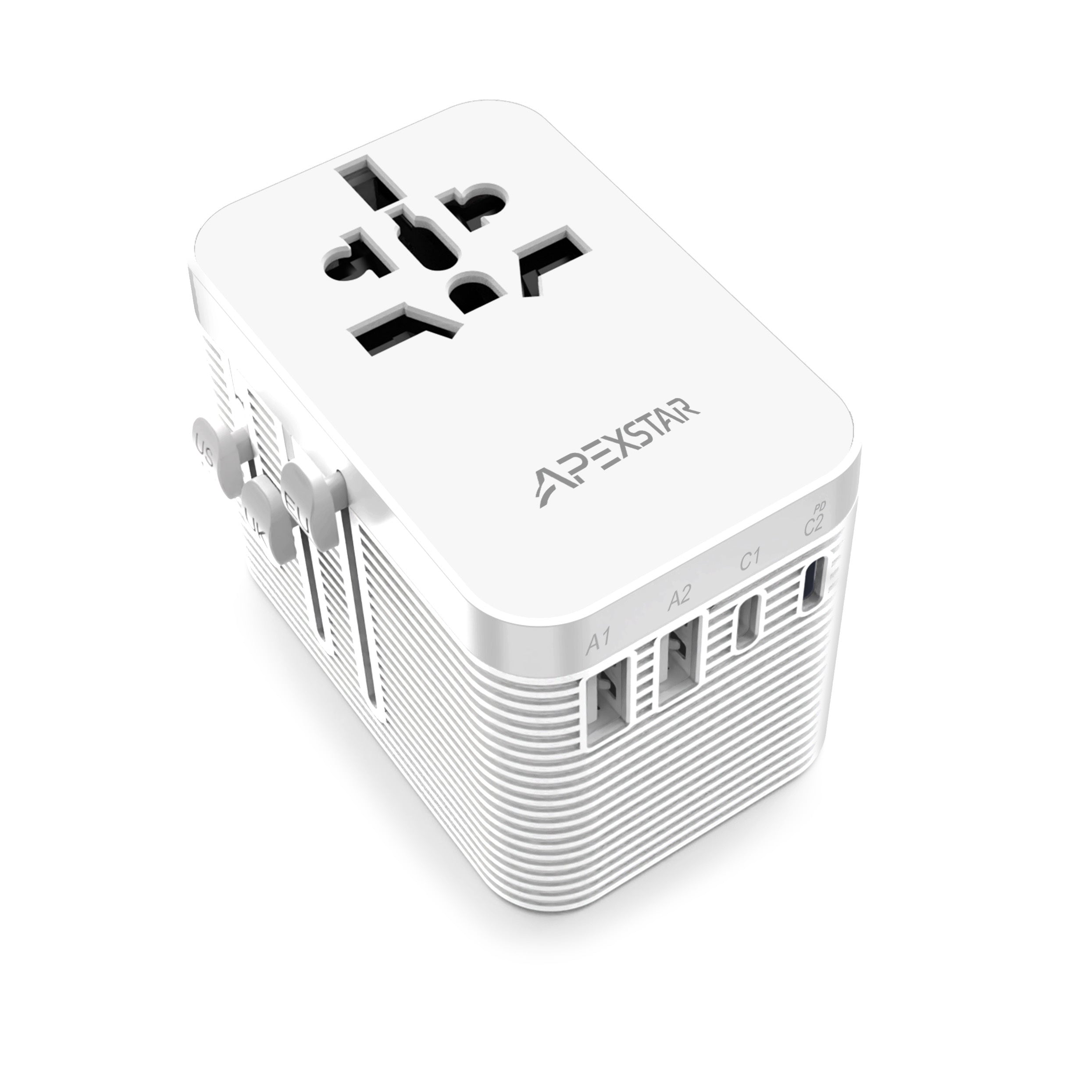 Apexstar Global Travel Adapter: A Must-Have for Travel Charging with PD & QC 3.0 Dual USB-C And 2 USB Travel Ports/ Multi-Country Compatible with Overload, Short-Circuit & Over-Temperature Protection/ Multiple Safety Features for Worry-Free Charging