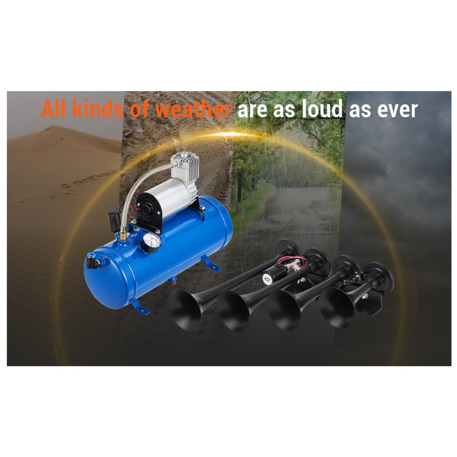 4-Horn Steel Train Horn Kit, 12V 135dB Truck Air Horn Kit with 1.6 Gallon Air Tank & 150 PSI Air Compressor, All-Weather Year-Round Use, Fits Pickup Trucks, Cars, Motorcycles, Semi-Trucks, Jeeps, RVs, SUVs, Vans, Boats, Blue