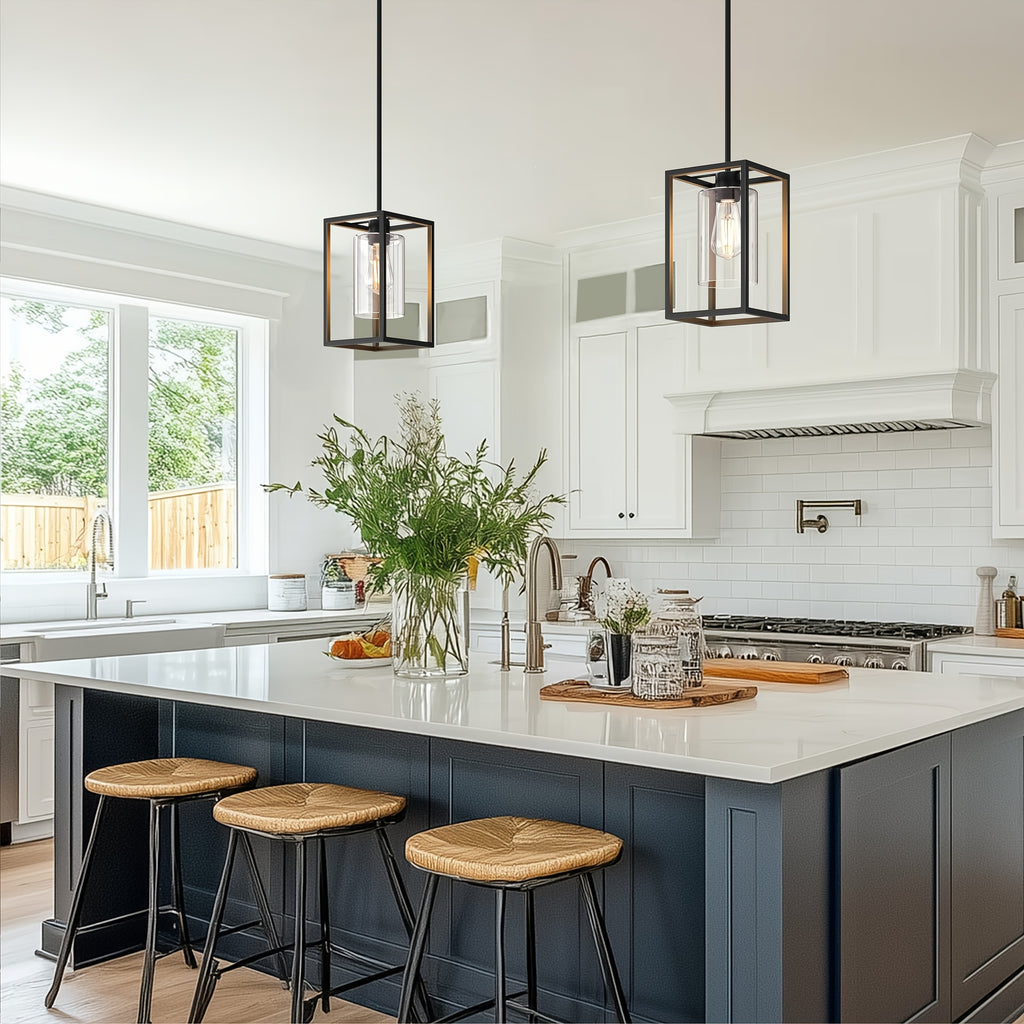 Vintage black industrial pendant light - single-head clear glass shade, durable metal construction, semi-flush mount kitchen dining room café home decoration, E26 bulb base (bulb not included), ambiance ceiling light | pendant light for dining room