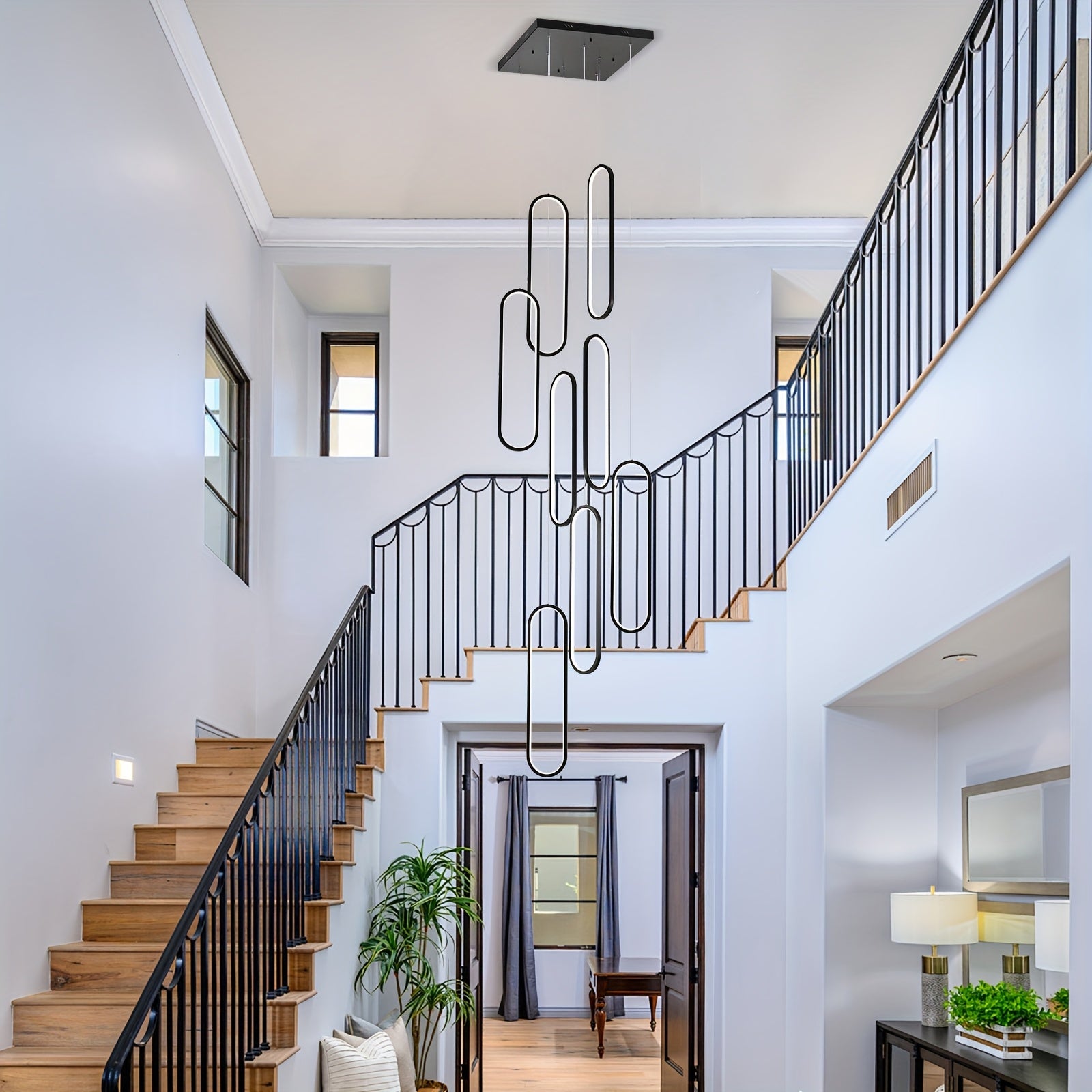 Ganeed modern LED high ceiling pendant light, with remote control - dimmable 8-light chandelier, 3000-6500K adjustable color temperature, polished metal surface, infrared sensor, semi-flush mount installation, suitable for entryway