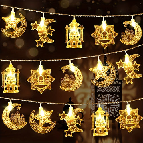 1pc LED رمضان城月亮和星星煤油灯串灯，59.0英寸/10LEDs，用于家庭室内墙壁吊灯，春夏节日和活动；完美的穆斯林气氛装饰灯串灯节日派对气氛装饰灯串灯-电池供电