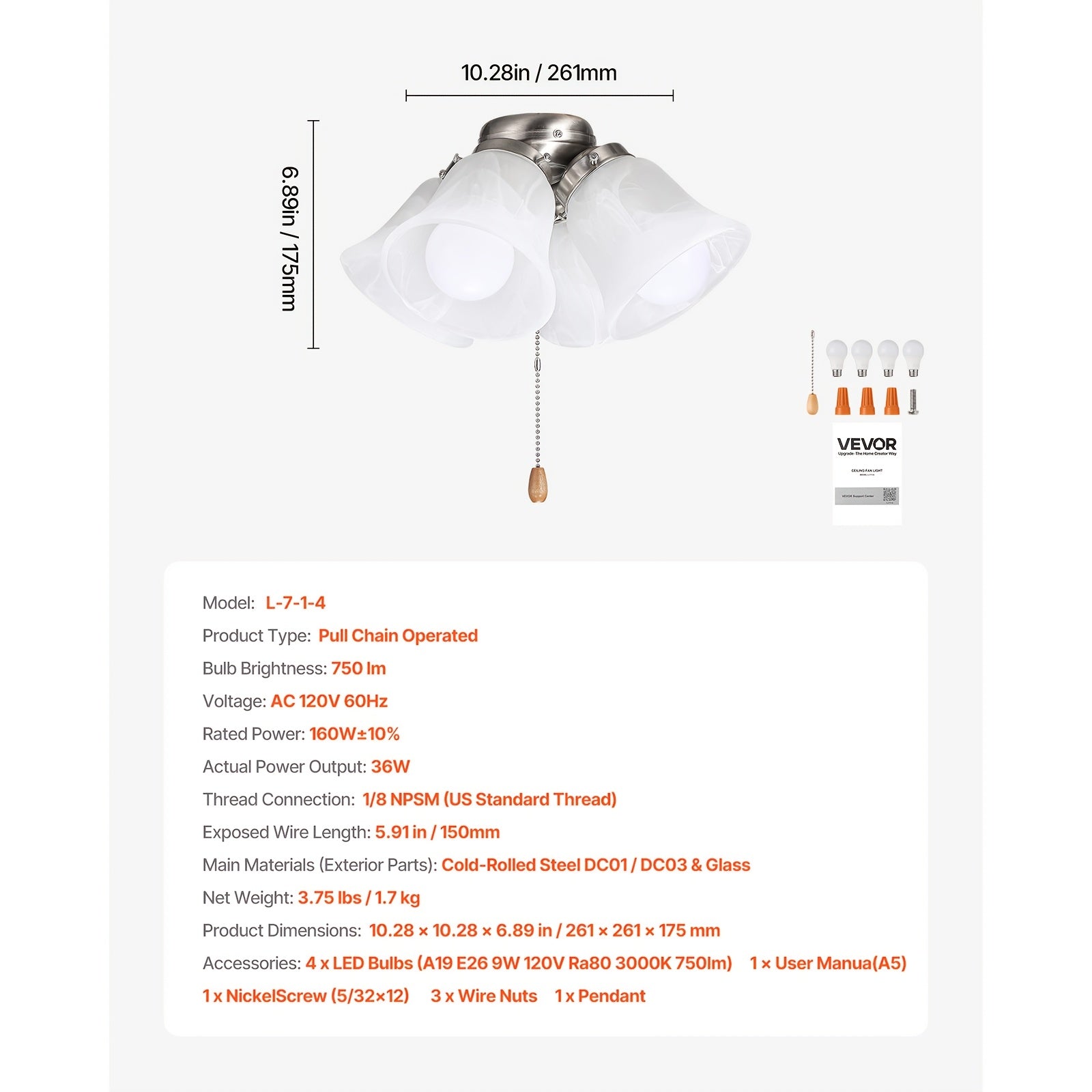 4 Pcs Flower Shaped Ceiling Fan with Light, Pull Chain Design, 750lm Brightness, 110V Plug-Free, S001 Model, Available for All Sales Channels