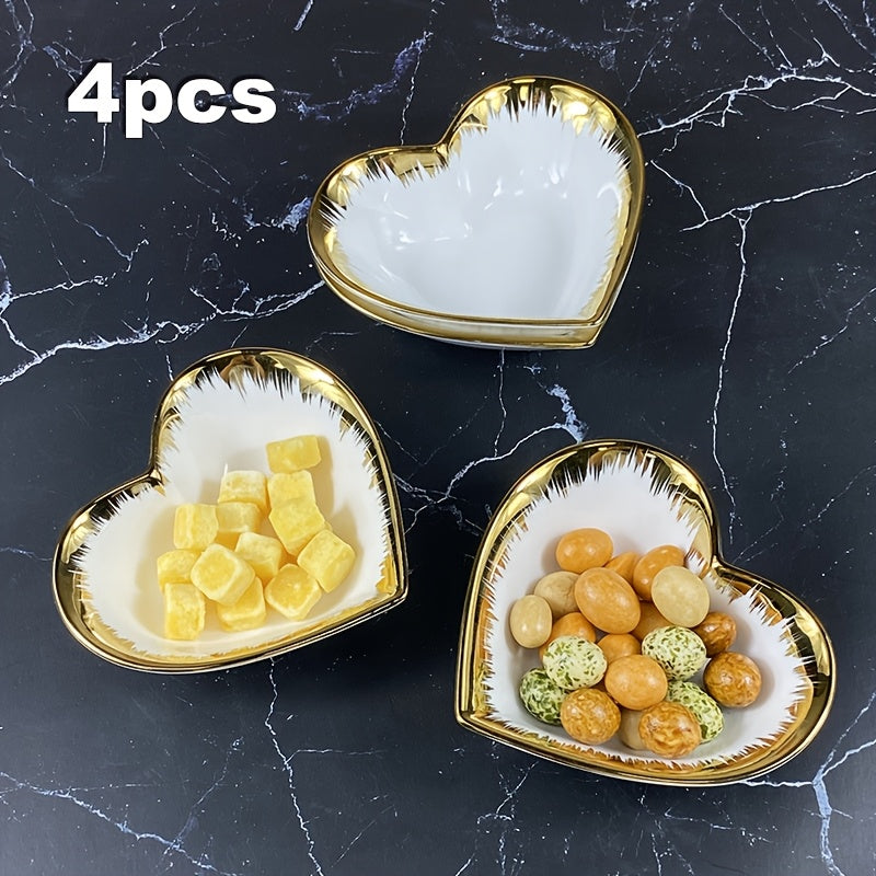Set of 4, Ceramic Snack Bowls, High-End Electroplated Gold Small Appetizer Plates, 5-Inch Elegant Heart-Shaped Ceramic Bowls, Dessert Bowls, Table Bowl for Cereal, Fruit