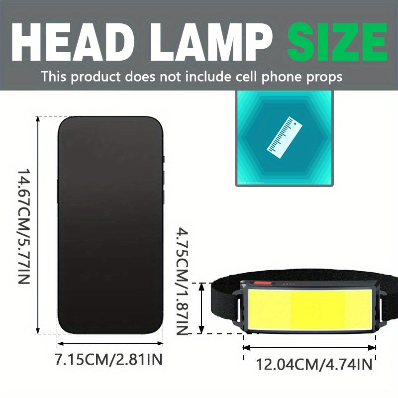 1Pc Bright COB LED Headlamp, 3 Modes Head Light, USB Rechargeable Hands-Free Flashlight, Portable Head Mounted Searchlight, Angle Adjustable, Ideal for Hiking Fishing Camping Adventure Home Emergency Lighting