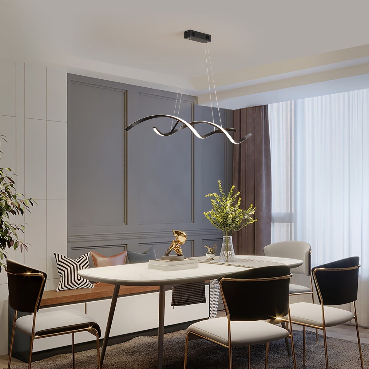 Qcyuui adjustable height hanging light fixture, modern pendant lighting adjustable wave-shaped flush-mount LED pendant light, with remote control, suitable for dining room, kitchen island, living room, kitchen lighting, home lighting