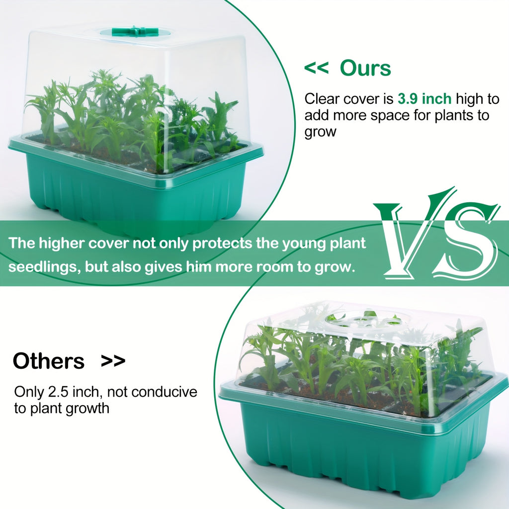 6-Piece Seed Germination Tray Set, Seed Starter Kit with Grow Light, Nursery Tray with Humidity Dome, 3.9 Inch Tall Lid with Drain Holes, Ideal Indoor Spring Vegetable & Fruit Seedling Device, 12 Cells Per Tray