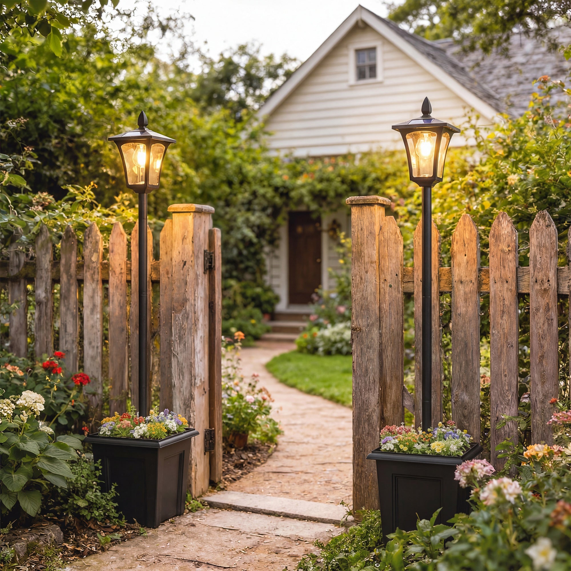 63‘ Solar Lamp Post Light 2 Pack, Waterproof LED Solar Lamp Post with Planter, Outdoor Light, Perfect for Courtyard, Backyard, Pathway, Garden, Lawn, Black