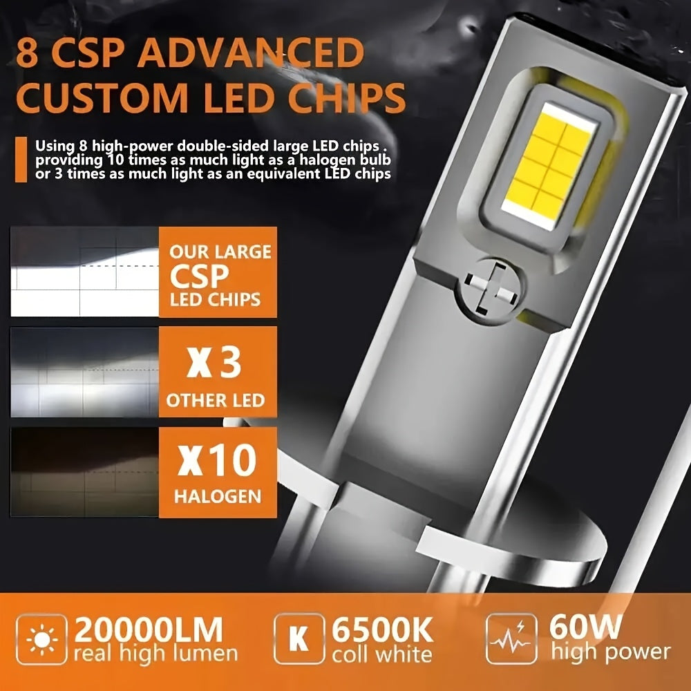 2Pcs H1/H3 + 2Pcs T10 LED Headlight Bulb Upgrade Kit, 20000 Lumens 6500K Color Temperature 500W High/Low Beam, CSP Chip, Fanless Mini Turbo Cooling, Universal with Canbus Decoder, Easy Installation