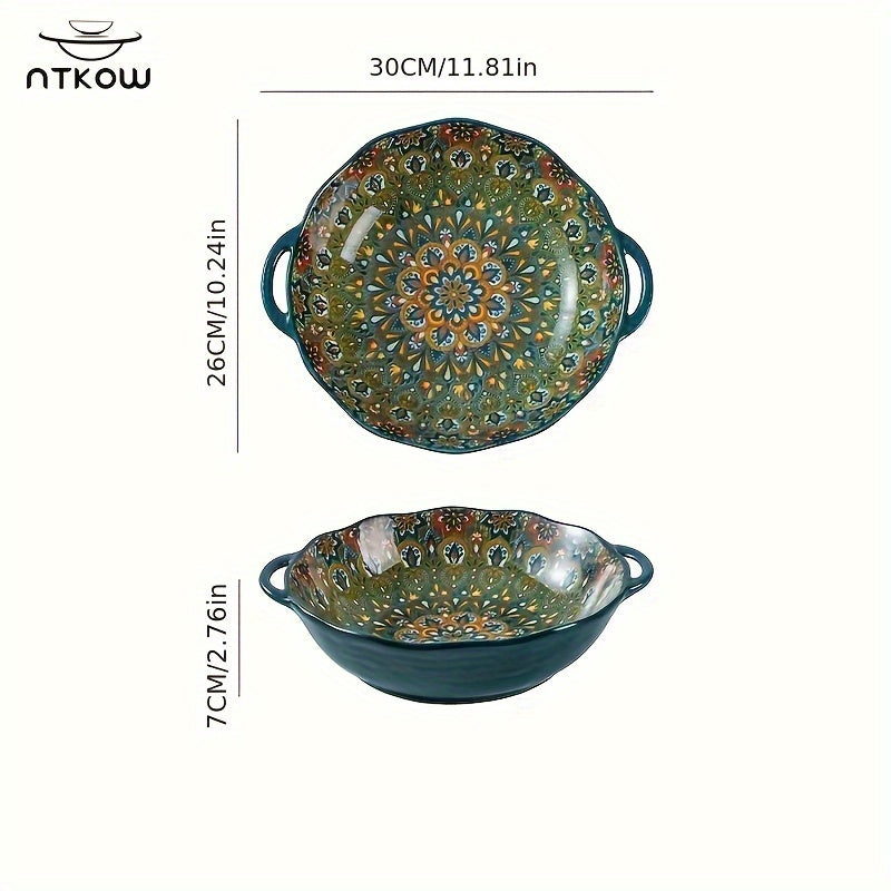 NTKOW 1 Piece Bohemian Style Large Soup Bowl / Soup Pot! Extra-Large Size with Double Ear Handles, Microwave Safe. Ideal for Family Soups or Gatherings. Suitable for Sea Shipping – Sturdy Design Ensures Transport Safety