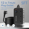 Travel Power Strip Featuring 12 Functions, Equipped with a 5FT/10FT Cord, 6 AC Outlets, 4 USB-A Ports, And 2 USB-C Ports, Includes Overload Protection And Can Be Mounted on a Wall for Desk Charging
