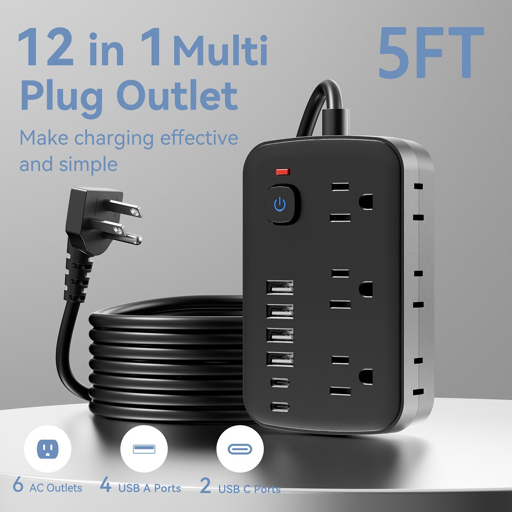 Travel Power Strip Featuring 12 Functions, Equipped with a 5FT/10FT Cord, 6 AC Outlets, 4 USB-A Ports, And 2 USB-C Ports, Includes Overload Protection And Can Be Mounted on a Wall for Desk Charging