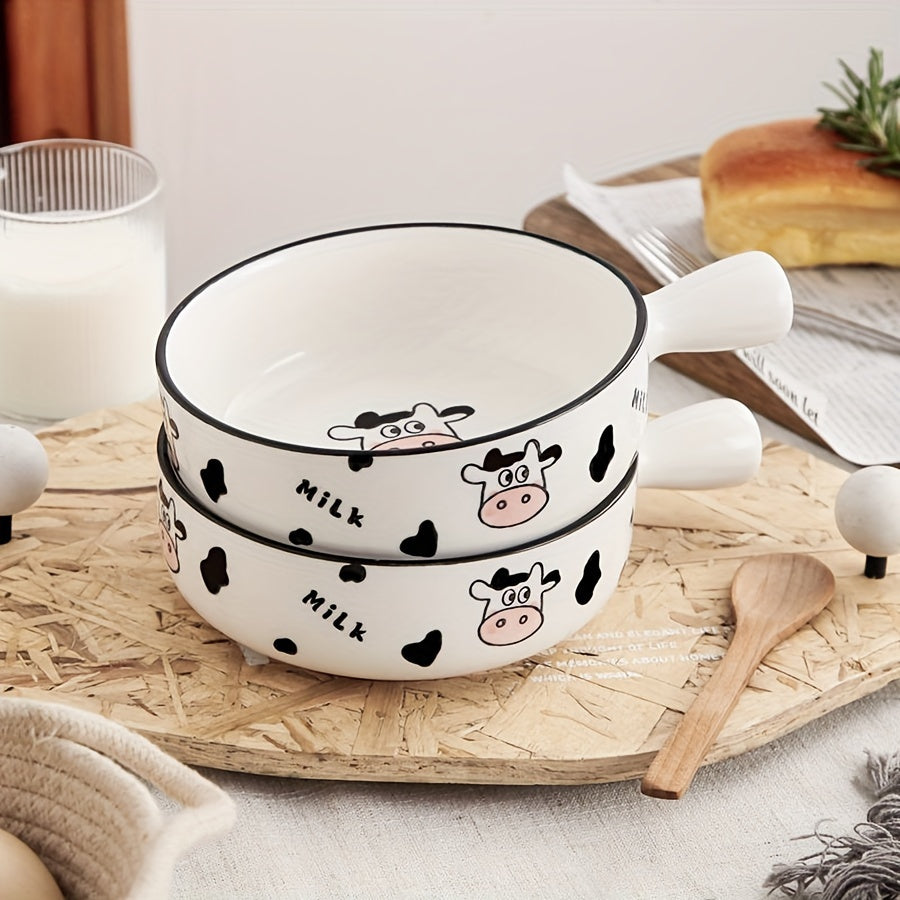 DUDU Cow Ceramic Dinnerware – 3/4pcs, Cute Cartoon Style, Rice Bowl / Salad Bowl / Soup Bowl / Handle Bowl, Small Spoon – Perfect for Dormitory or College Students