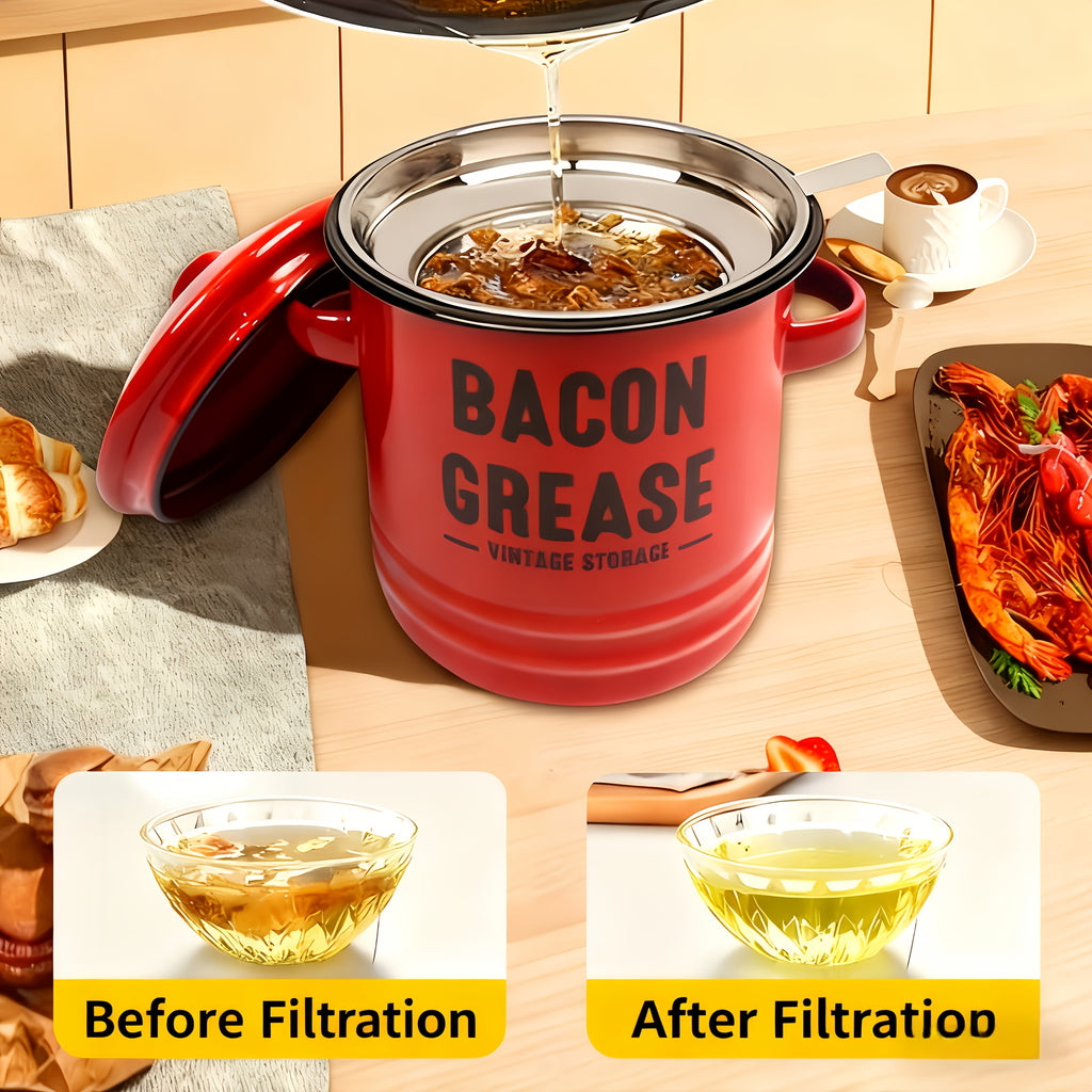 Grease Storage Can with Lid, Safe Pour Spout and Handle, Kitchen Cooking Oil Filter Storage Container, Household Frying Oil & Cooking Oil Filter Pot, Essential for Home Kitchen