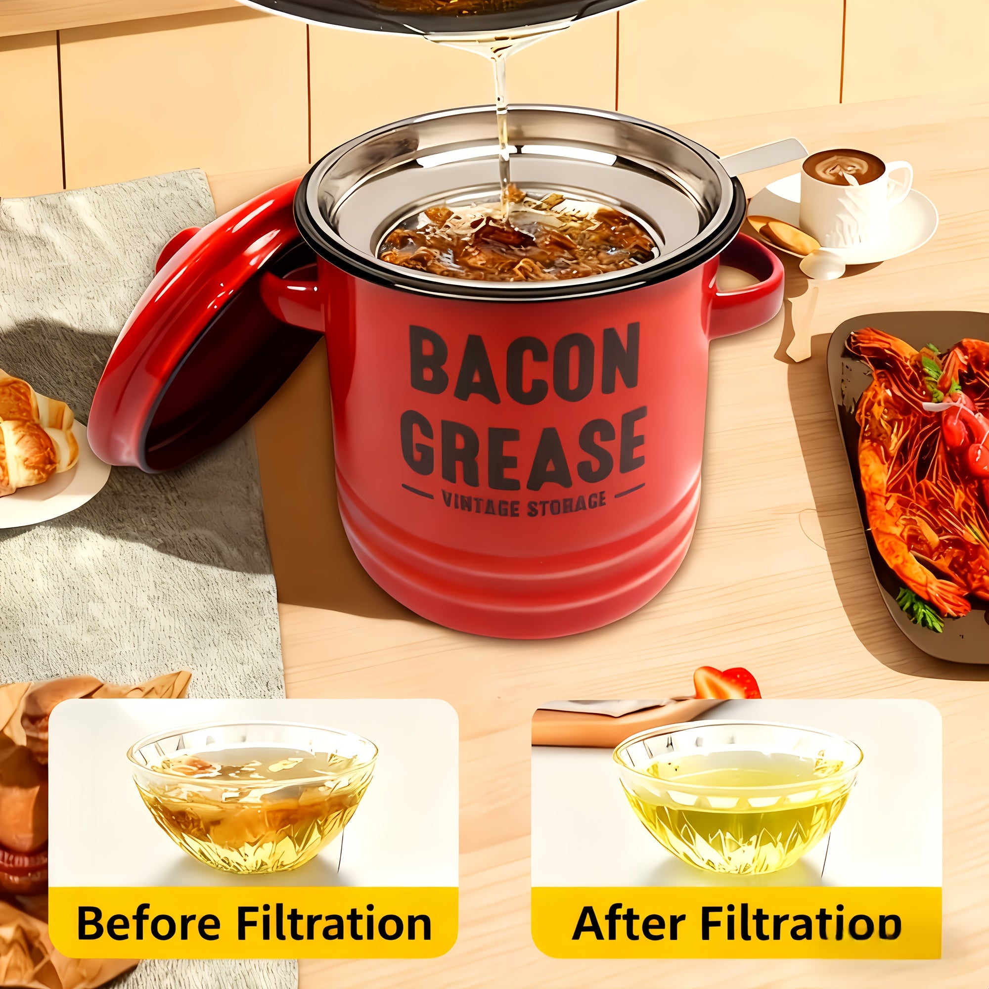 Grease Storage Can with Lid, Safe Pour Spout and Handle, Kitchen Cooking Oil Filter Storage Container, Household Frying Oil & Cooking Oil Filter Pot, Essential for Home Kitchen