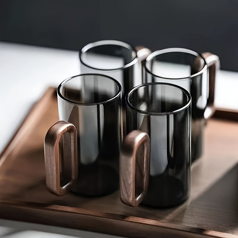 6-Piece High-Borosilicate Glass Cup Set – High Appearance Value, Heat-Resistant Glass Cups for Home Use – Living Room Wood Handle Cups – Black Walnut Wood Tea Cup Set