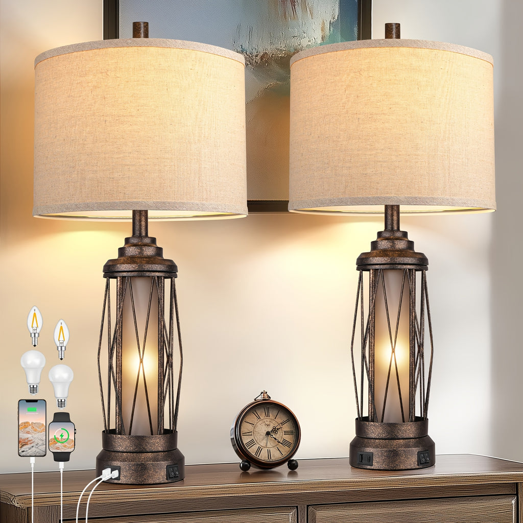 Farmhouse table lamp for living room, bedroom rustic nightstand lamp with USB C+A charging port, built-in frosted glass night light for entryway coffee table, includes 4 bulbs, bronze, suitable for Christmas and Halloween