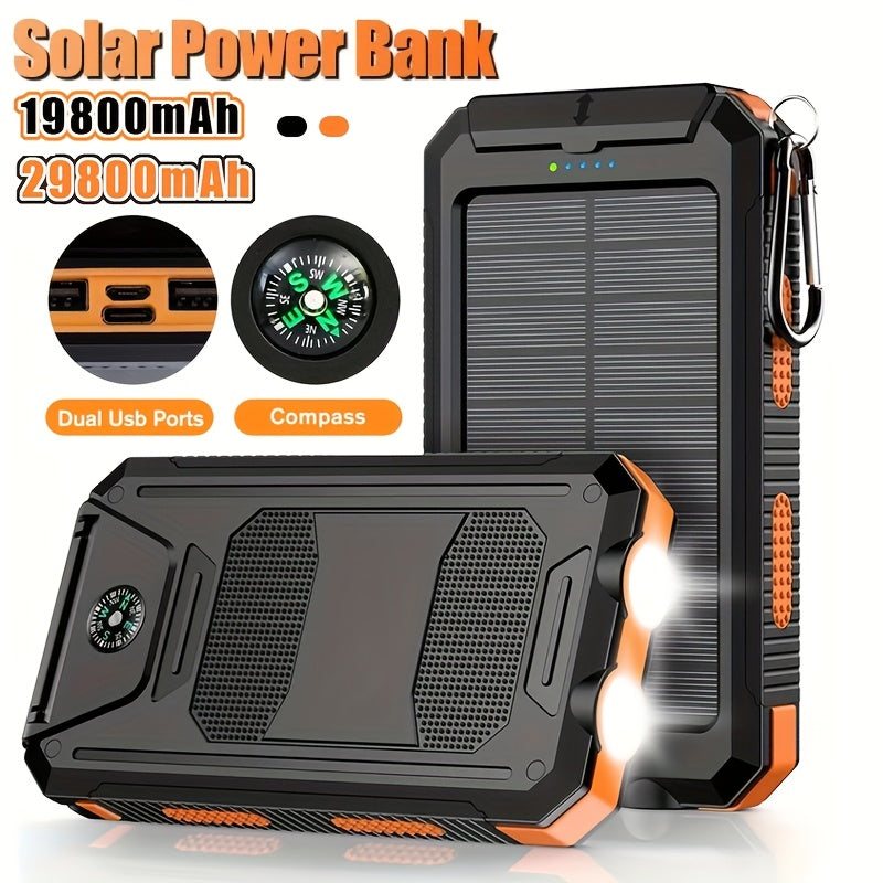 Portable Solar Mobile Phone Charger, Camping External Battery Charger for Mobile Phones, 2 USB/ LED Flashlights with Compass for Outdoor Activities, 19800/ 29800mAh Portable Solar Power Bank, the Best Gift for Festival