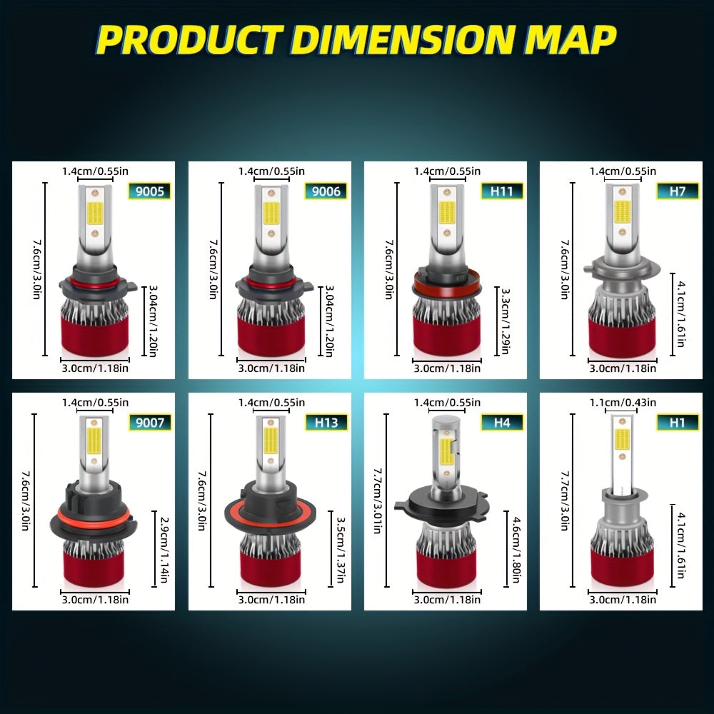 2-Pack Super Bright LED Headlight or Fog Light Bulbs, Compatible with H1, H7, H11, 9005/HB3, 9006/HB4, 9007, H13 Sockets. COB Chip Technology, 800% Brightness Increase, Easy Plug-and-Play Installation