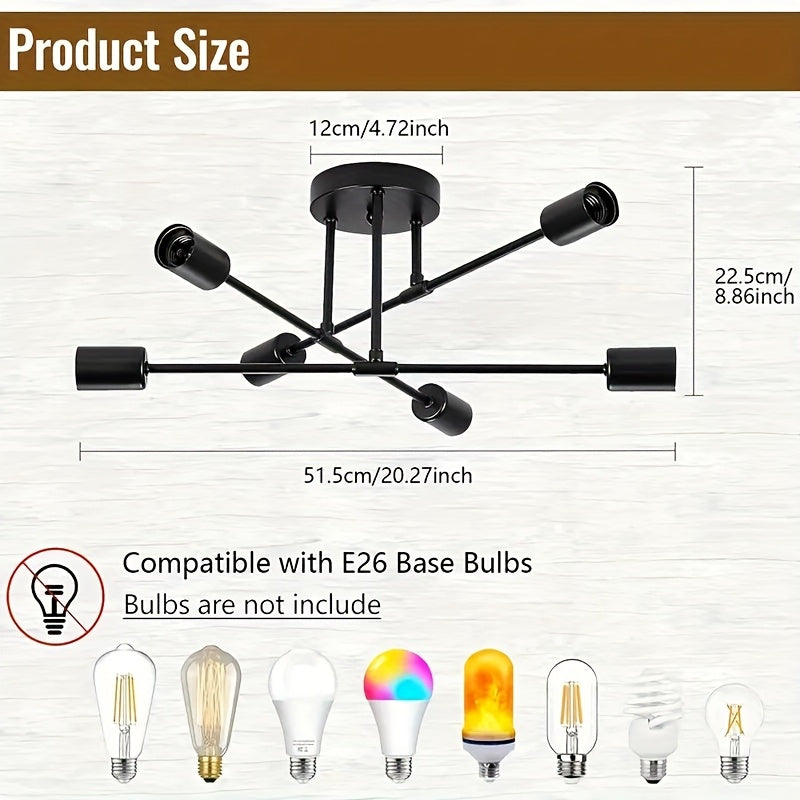 Modern Industrial Style Sputnik Pendant Light - Semi-Flush Mount, Easy Installation, 120V E26 Bulb Base Hardwired (Bulb Not Included), Suitable for Dining Room, Living Room, Kitchen, etc.