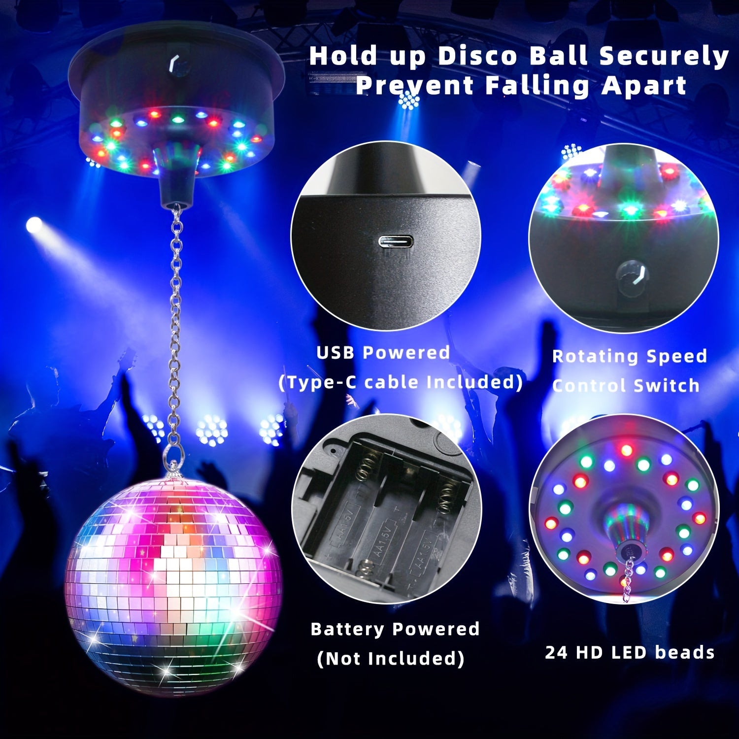 5 RPM--9 RPM 可调节镜面球旋转电机，带 24 RGB LED 灯，适用于 4 6 8 12 英寸迪斯科球（不含），用于派对装饰、DJ 团队、酒吧、夜店、KTV（USB 供电/电池供电）（不含镜面迪斯科球）