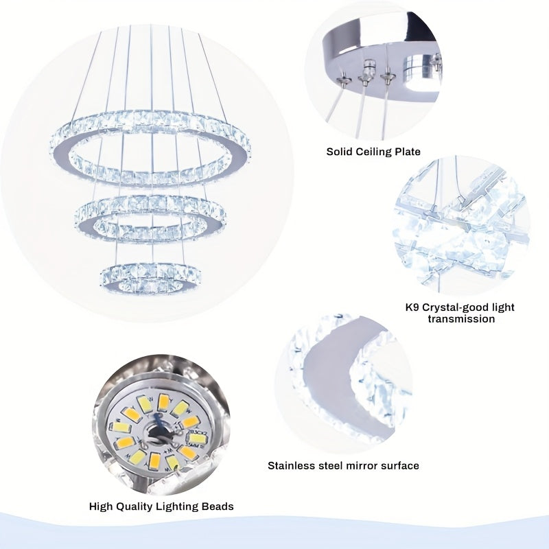 Modern LED Chandelier Crystal Pendant Light 3-Ring Round Pendant Light Adjustable Stainless Steel Ceiling Fixture, Suitable for Living Room, Dining Room, Bedroom