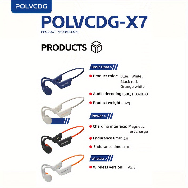 POLVCDG X7 无线骨传导耳机 | 10小时超长续航，IPX-8防水，32GB存储，适用于游泳、跑步、骑行、健身 | 开放式后盖设计，隔音效果，防缠绕线，磁吸充电