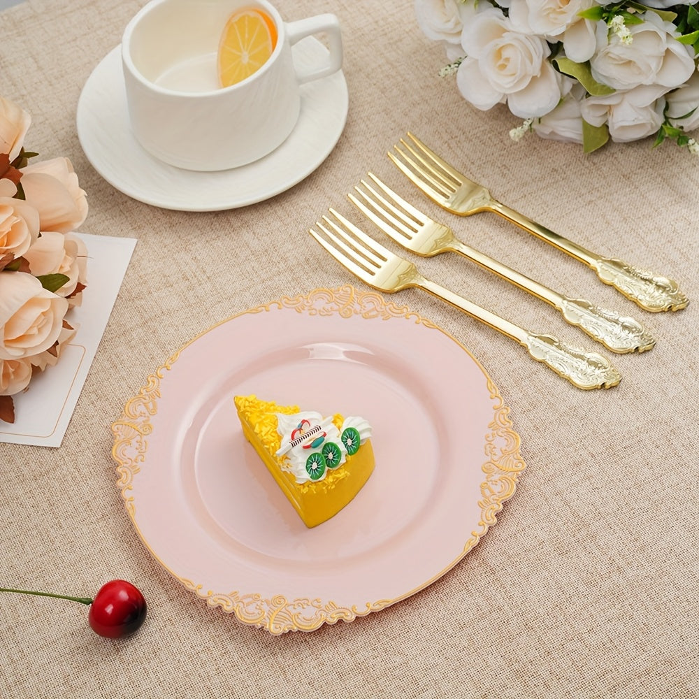 20/60Pcs Pink Vintage Small Plates & Forks Set, Embossed Pattern Edge, Vintage Style, Reusable – Perfect for Wedding Season Dinners, Birthday Balls, Tea Parties, Guest Reception, New Year & Christmas Celebrations