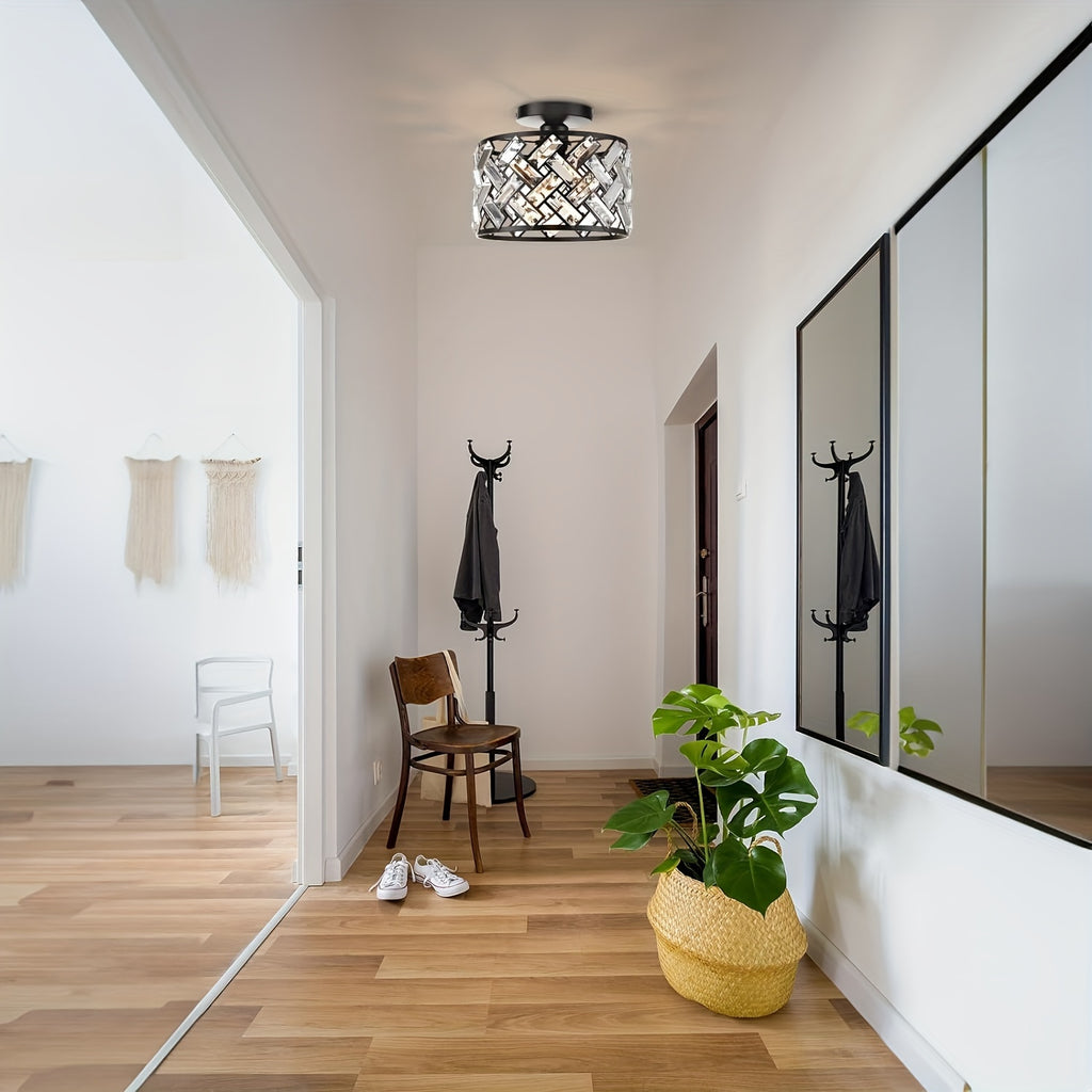 Amansur Modern Semi-Flush Mount Crystal Black Frame Ceiling Light - Semi-Recessed Installation, Suitable for Kitchen, Living Room, Bathroom, Entryway - Controller Sold Separately