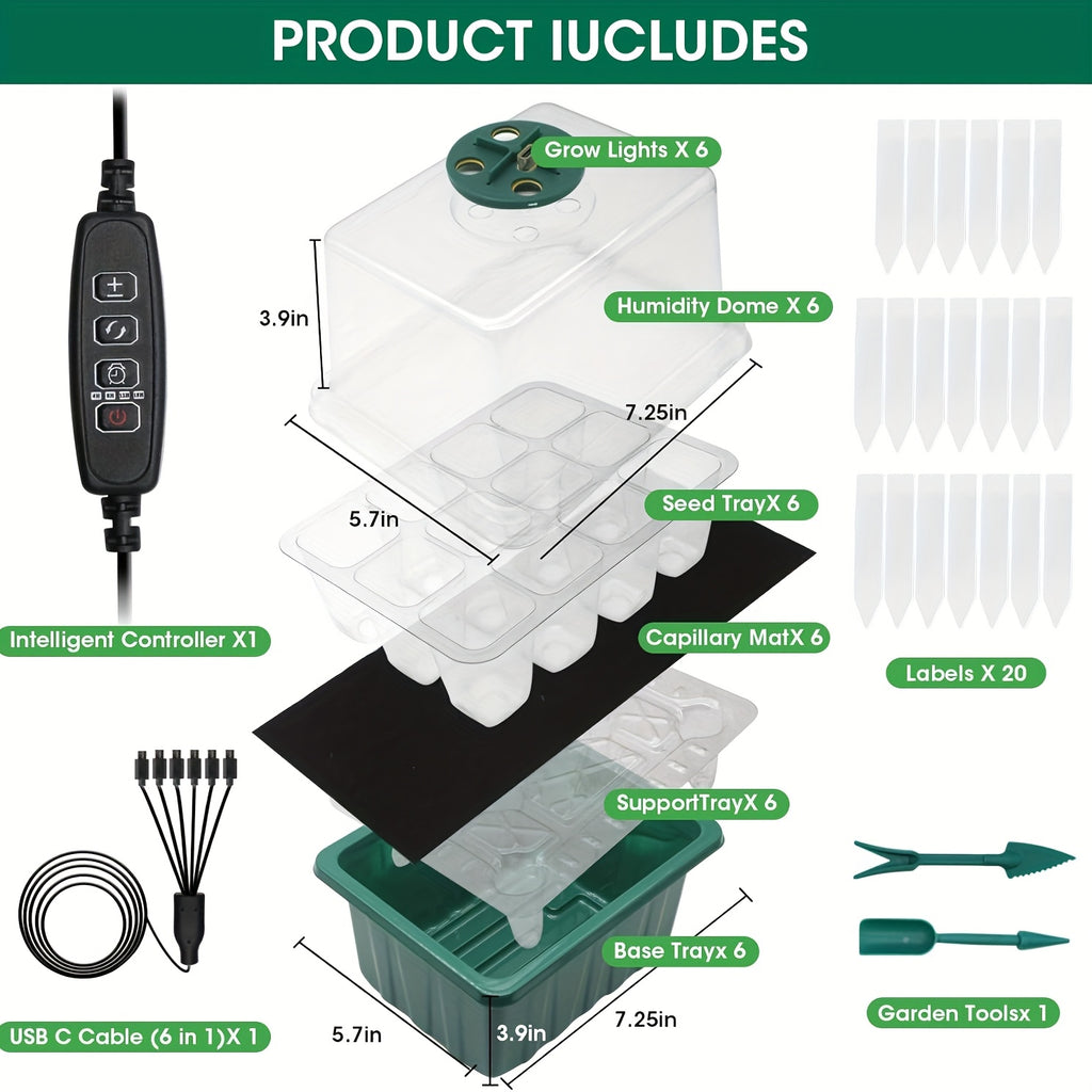 6 Cells/72 Holes Seedling Tray Kit with Timer, Self-Watering Seedling Tool Set with Grow Light, Plant Germination Tray with Lid, Heightened Cover for Greenhouse Sowing Cultivation