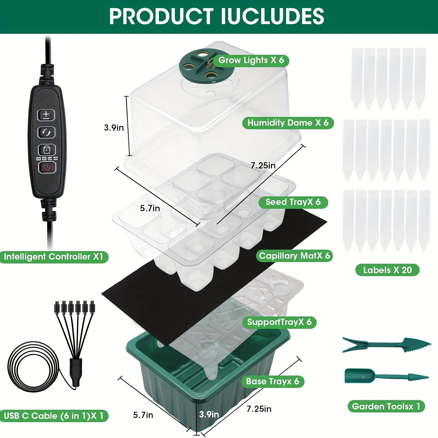 6 Cells/72 Holes Seedling Tray Kit with Timer, Self-Watering Seedling Tool Set with Grow Light, Plant Germination Tray with Lid, Heightened Cover for Greenhouse Sowing Cultivation