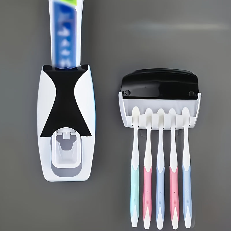 [5-Slot No-Drill] Toothbrush Holder & Press-Type Toothpaste Dispenser Set - Large Capacity ABS Plastic Wall Mount (Holds 5 Toothbrushes) - Dustproof & Moisture-Proof Design, Space-Saving