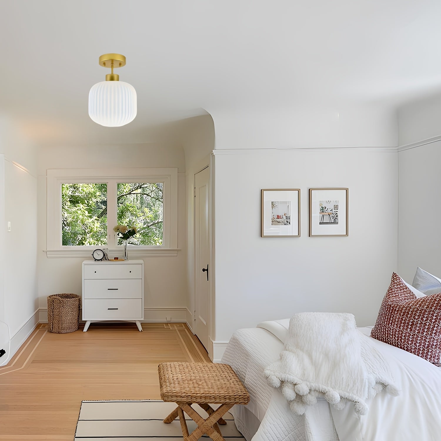 Vintage semi-flush mount ceiling light, lighting milk glass ceiling light fixture, gold and white flush mount ceiling light brass globe ceiling light frosted glass semi-flush ceiling, suitable for farmhouse, kitchen island, hallway