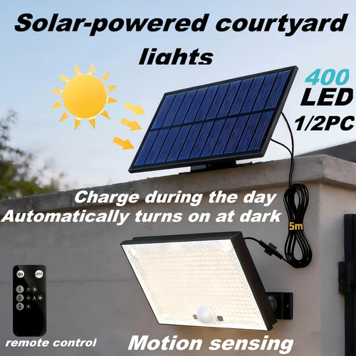 1/2 Pack 400LED Outdoor Solar Wall Light with Motion Sensor, LED Cool White Solar Floodlight, High Brightness Solar Street Light, Larger Solar Panel, Easy to Install, Super Bright, Auto On/Off, Perfect for Porch, Courtyard, Garage, Fence, Pathway
