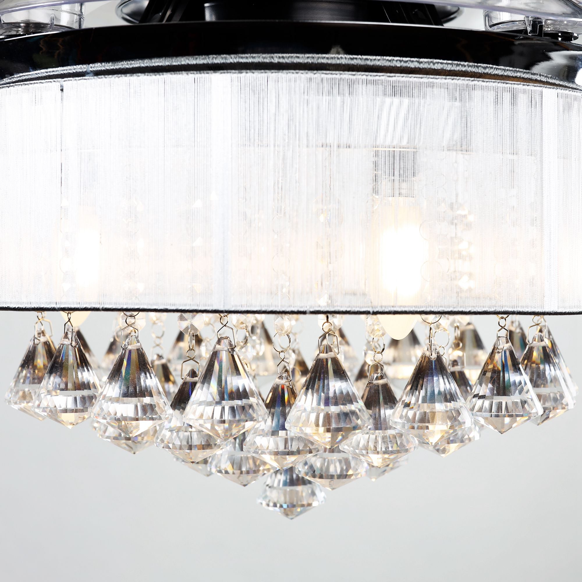 36 Inch Indoor Galvanized Downrod-Mount Retractable Crystal Ceiling Fan Chandelier with Remote & Lampshade