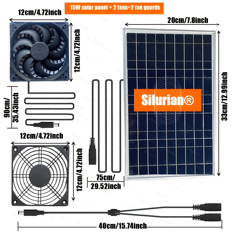 15W Solar Fan Kit in 2 Specifications: 15W Solar Panel + 1 Fan + 1 Fan Grill, and 15W Solar Panel + 2 Fans + 2 Fan Grills, Suitable for Courtyard, Flower Shed, Chicken Coop, Pet House and More